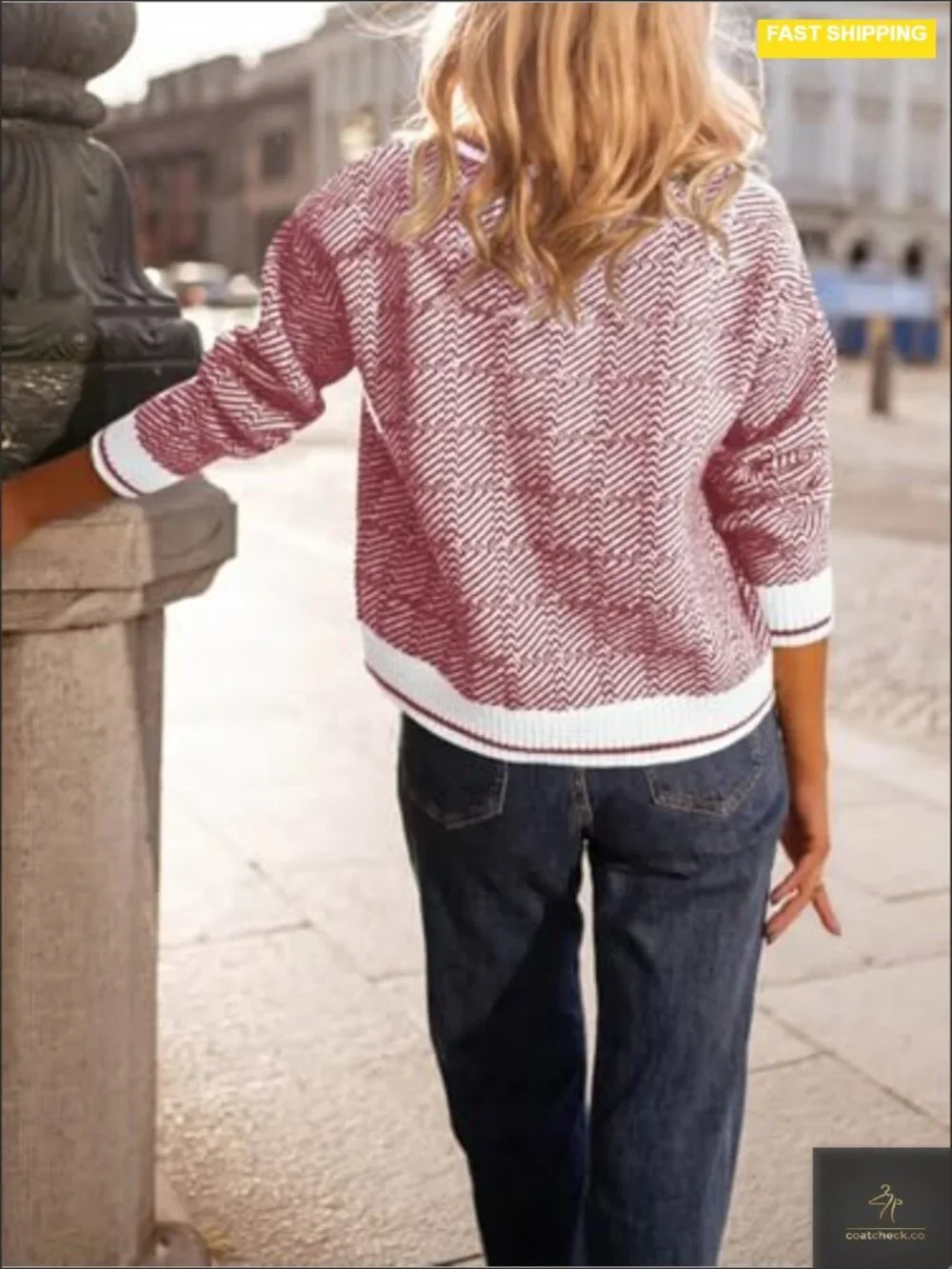 Women's V-Neck Lapel Color Block Chunky Knit Pullover Sweater Long Sleeve